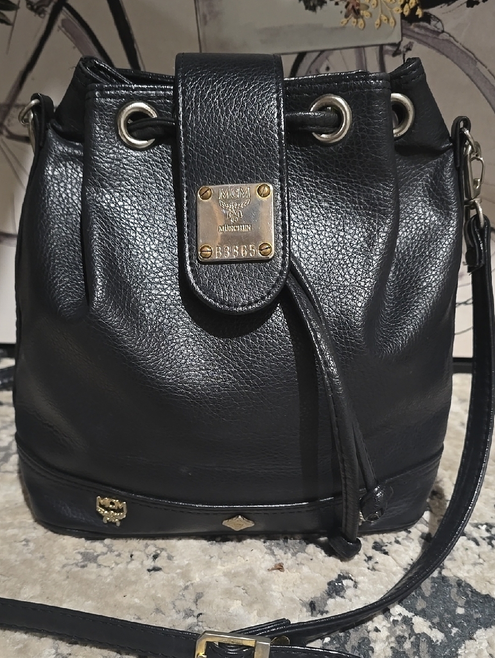 Vintage MCM Black Leather Drawstring Crossbody Bag
